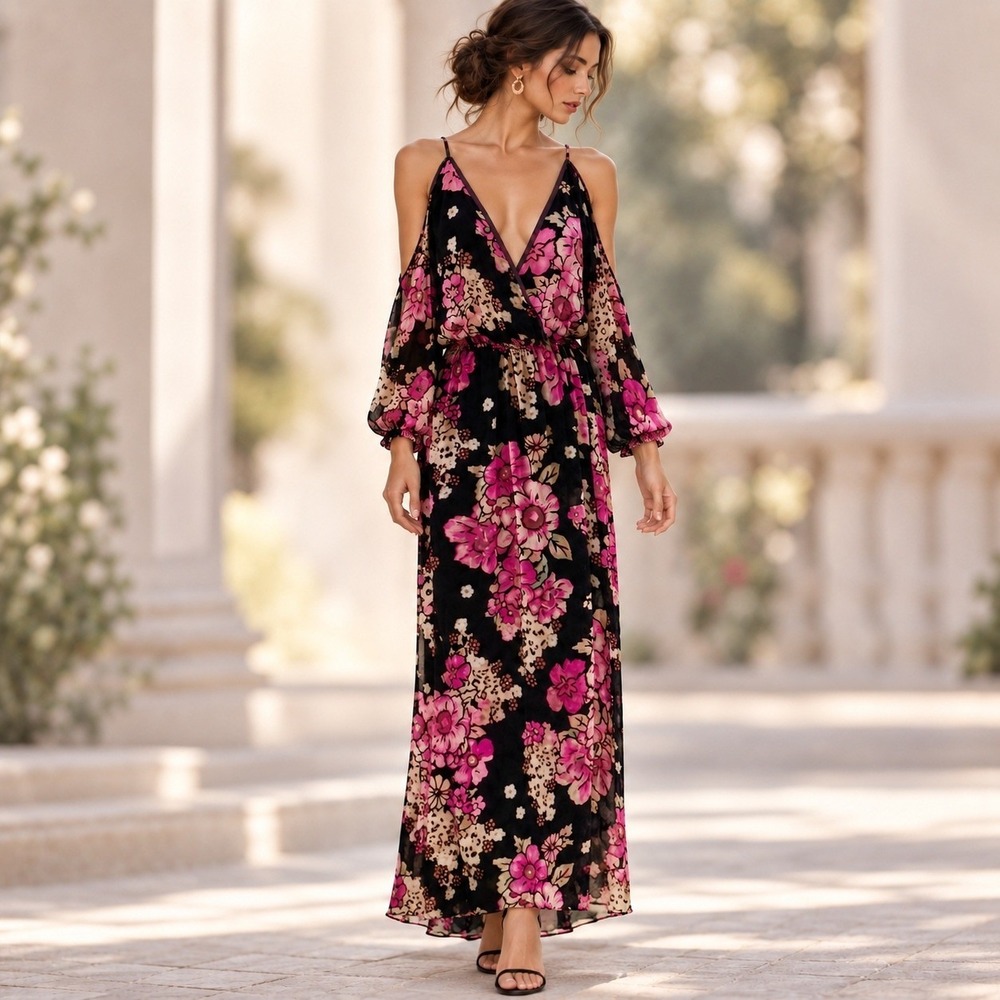 Band of Gypsies Floral Leopard Burnout Velvet Cold Shoulder Maxi Dress Large